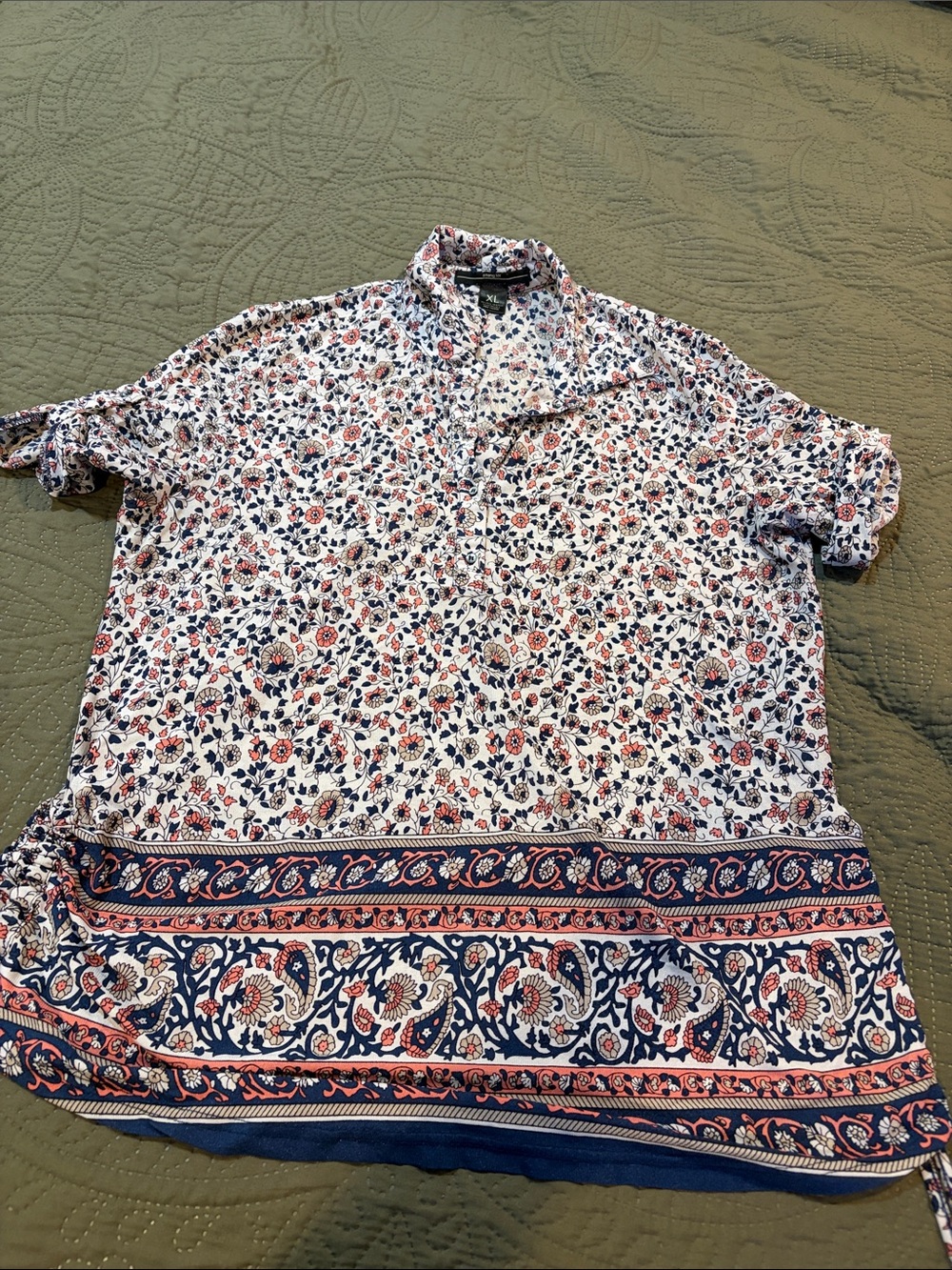 Women’s Floral Border Print Short Sleeve Shirt - White Navy Coral